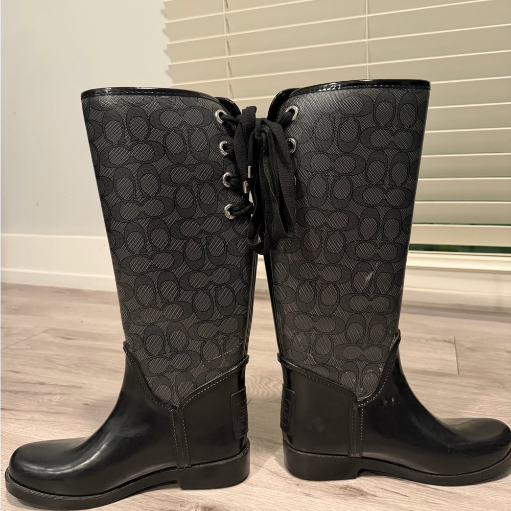 Coach Black Signature Logo Tall Lace-Back Rain Boots - Picture 3 of 11